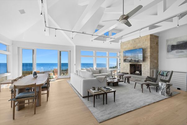 Dining room, Fireplace, Interior, Living room, Stone Walls, Water, Wood Texture Flooring