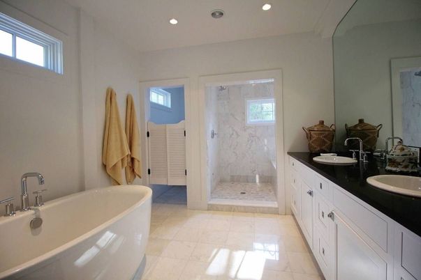 Bathroom, Dual Sink Vanities, Free Standing Baths, Glass Shower, Interior, Marble Walls, Recessed Lighting
