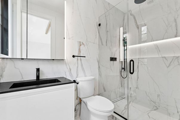 Bathroom, Glass Shower, Interior, Marble Walls
