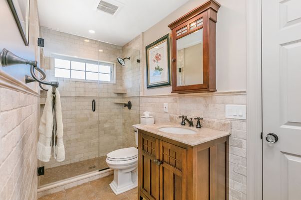 Bathroom, Glass Shower, Interior, Recessed Lighting, Stone Walls