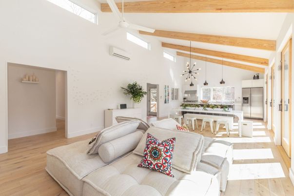 Dining room, Interior, Kitchen, Living room, Pendant Lights, Stainless Steel Appliances, Wooden Beams, Wood Texture Flooring