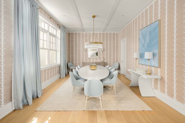 Dining room, Interior, Pendant Lights, Wood Texture Flooring