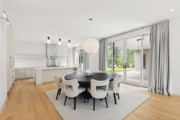 Dining room, Interior, Kitchen, Pendant Lights, Recessed Lighting, Stainless Steel Appliances, Wood Texture Flooring