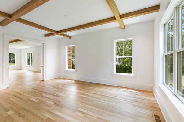Empty room, Interior, Recessed Lighting, Wooden Beams, Wood Texture Flooring