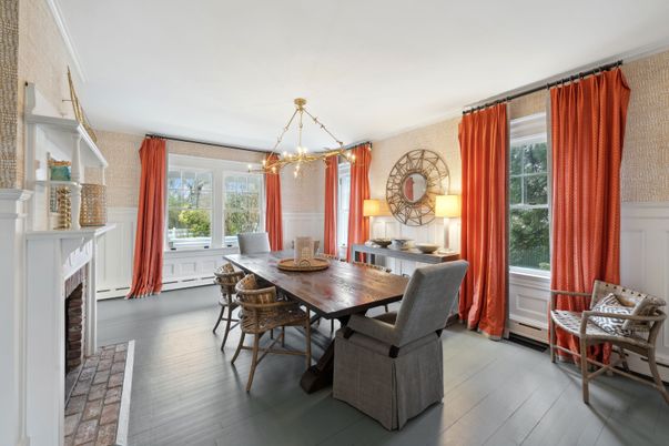 Dining room, Fireplace, Interior, Wood Texture Flooring
