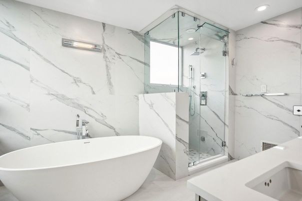Bathroom, Free Standing Baths, Glass Shower, Interior, Marble, Marble Walls, Recessed Lighting