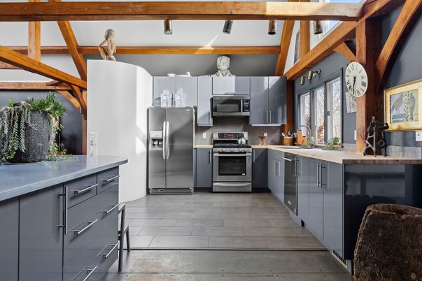 Interior, Kitchen, Stainless Steel Appliances, Wooden Beams, Wood Texture Flooring