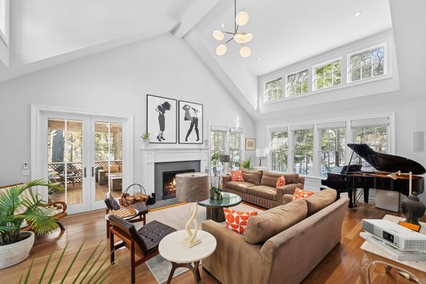 Fireplace, Interior, Living room, Pendant Lights, Piano, Recessed Lighting, Wood Texture Flooring