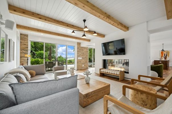 Fireplace, Interior, Living room, Pendant Lights, Stone Walls, Wooden Beams