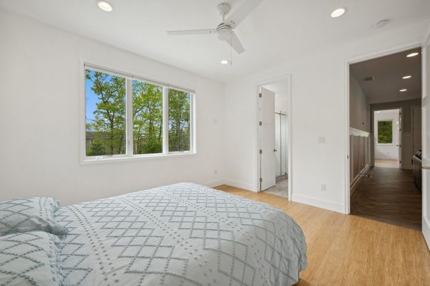Bedroom, Interior, Recessed Lighting, Wood Texture Flooring
