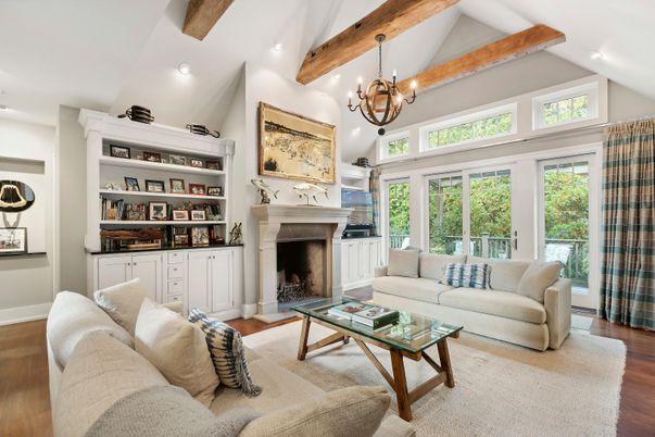 Chandelier, Fireplace, Interior, Living room, Recessed Lighting, Wooden Beams, Wood Texture Flooring