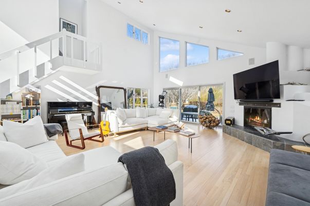 Fireplace, Interior, Living room, Piano, Recessed Lighting, Wood Texture Flooring