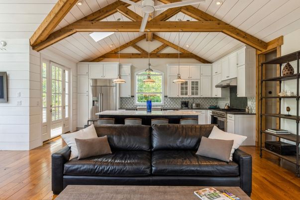 Dining room, Interior, Kitchen, Living room, Pendant Lights, Recessed Lighting, Stainless Steel Appliances, Wooden Beams, Wood Texture Flooring