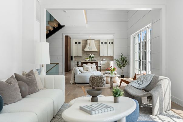 Dining room, Interior, Living room, Recessed Lighting, Wood Texture Flooring