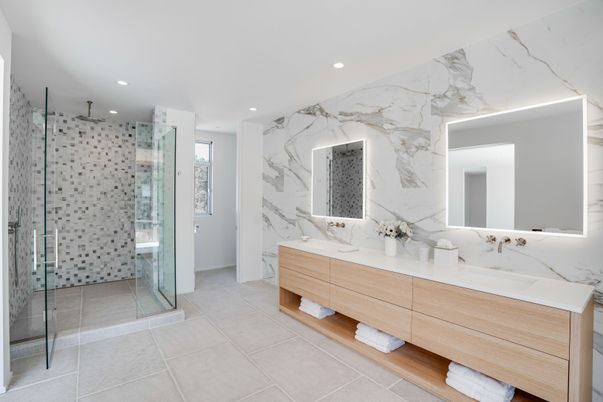 Bathroom, Dual Sink Vanities, Glass Shower, Interior, Marble Walls, Recessed Lighting