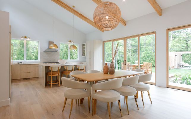 Chandelier, Dining room, Interior, Kitchen, Pendant Lights, Recessed Lighting, Wooden Beams, Wood Texture Flooring