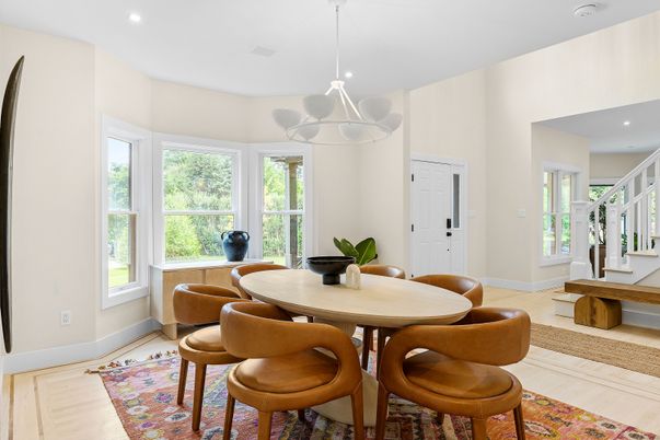 Dining room, Interior, Pendant Lights, Recessed Lighting, Wood Texture Flooring