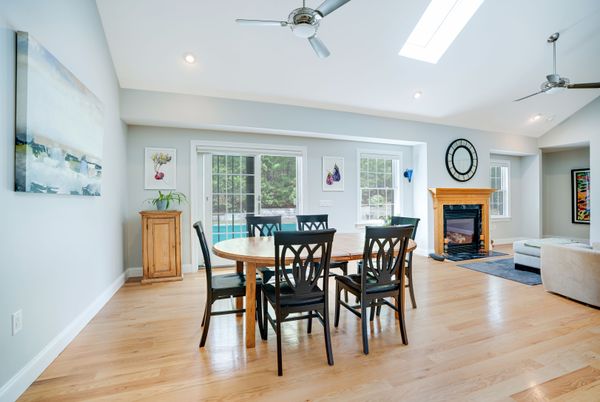 Dining room, Fireplace, Interior, Recessed Lighting, Wood Texture Flooring