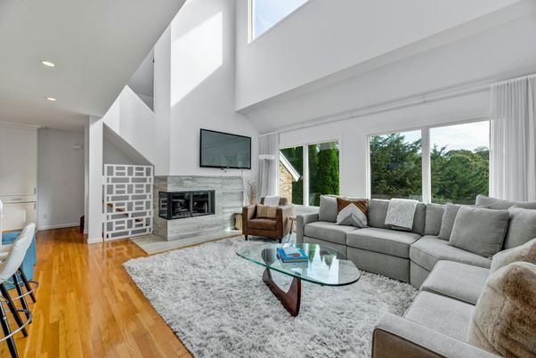 Fireplace, Interior, Living room, Recessed Lighting, Wood Texture Flooring