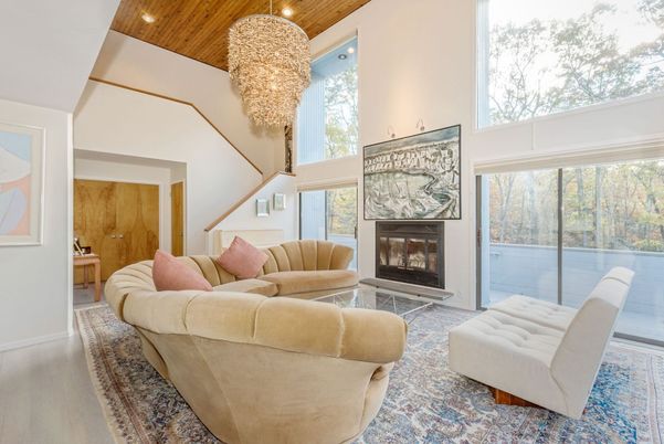 Chandelier, Fireplace, Interior, Living room, Recessed Lighting, Wooden Ceilings, Wood Texture Flooring