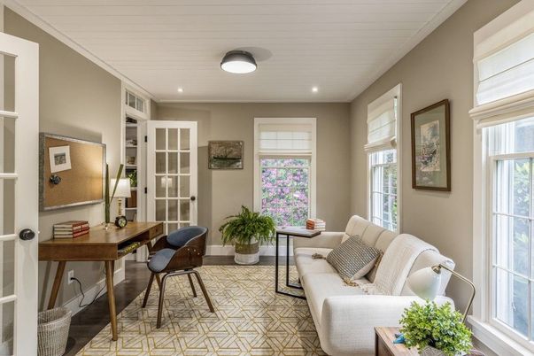 Home Office, Interior, Living room, Recessed Lighting, Wood Texture Flooring