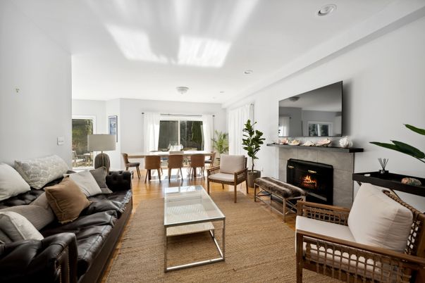Dining room, Fireplace, Interior, Living room, Recessed Lighting, Wood Texture Flooring