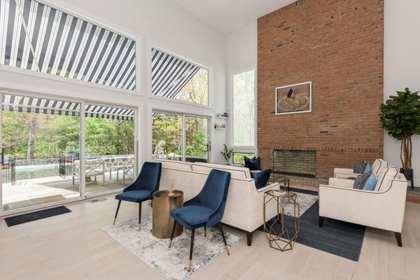 Fireplace, Interior, Living room, Stone Walls, Sun Room, Wood Texture Flooring