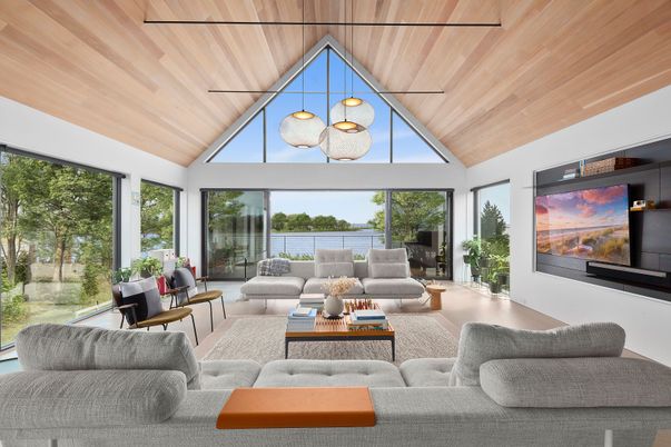 Interior, Living room, Sun Room, Water, Wooden Ceilings, Wood Texture Flooring