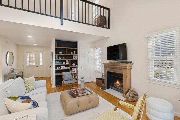 Fireplace, Interior, Living room, Recessed Lighting, Wood Texture Flooring