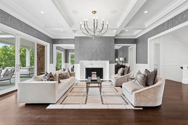 Chandelier, Fireplace, Interior, Living room, Recessed Lighting, Wood Texture Flooring
