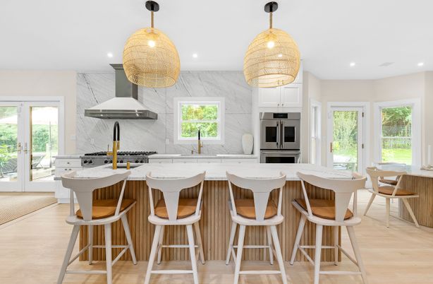 Interior, Kitchen, Marble Walls, Pendant Lights, Recessed Lighting, Stainless Steel Appliances, Wood Texture Flooring