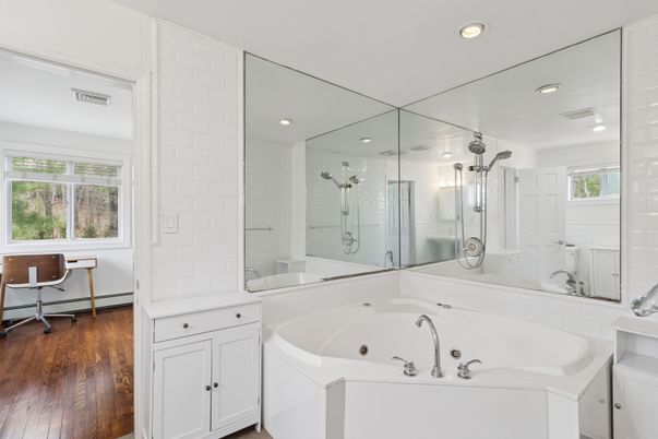 Bathroom, Glass Shower, Interior, Recessed Lighting, Wood Texture Flooring