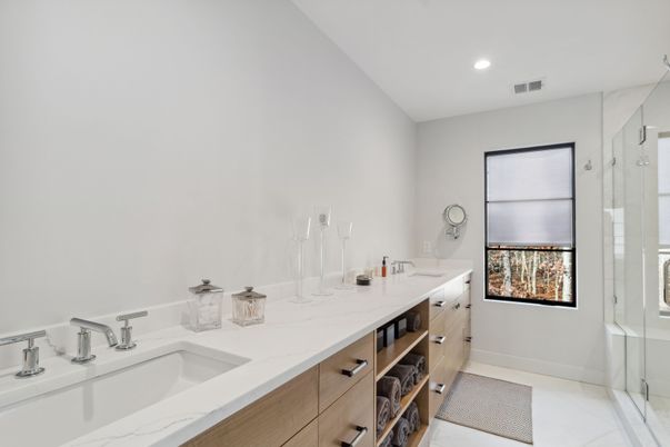Bathroom, Dual Sink Vanities, Glass Shower, Interior, Recessed Lighting