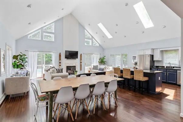 Dining room, Fireplace, Interior, Kitchen, Living room, Recessed Lighting, Stainless Steel Appliances, Wood Texture Flooring