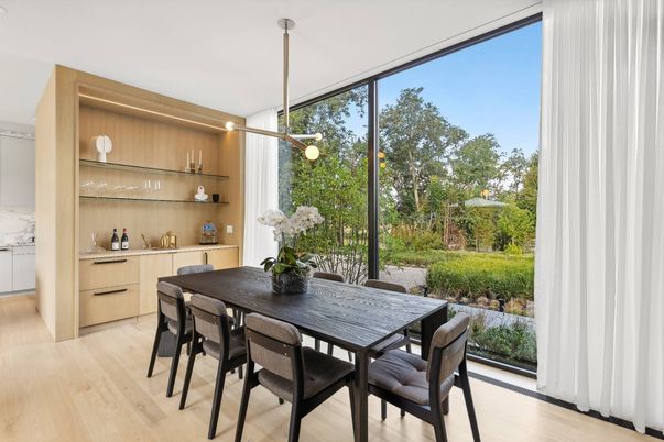 Dining room, Interior, Pendant Lights, Wood Texture Flooring