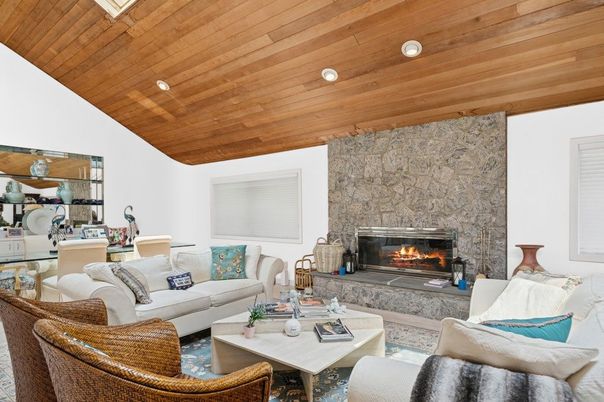 Fireplace, Interior, Living room, Recessed Lighting, Stone Walls, Wooden Ceilings