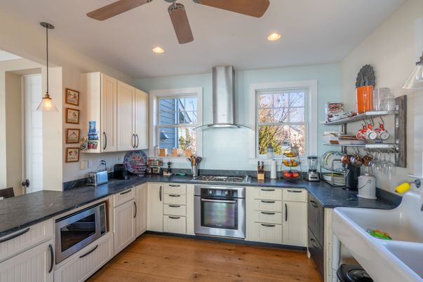 Interior, Kitchen, Pendant Lights, Recessed Lighting, Stainless Steel Appliances, Wood Texture Flooring