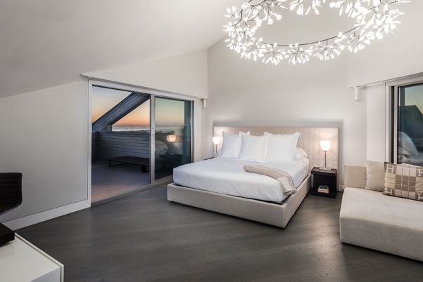 Bedroom, Interior, Pendant Lights, Wood Texture Flooring