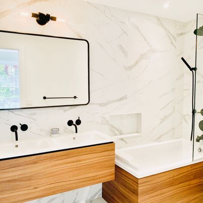 Bathroom, Glass Shower, Interior, Marble Walls, Recessed Lighting, Wood Texture Flooring