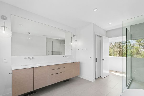 Bathroom, Dual Sink Vanities, Glass Shower, Interior, Pendant Lights, Recessed Lighting