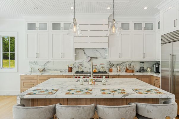 Interior, Kitchen, Marble Walls, Pendant Lights, Recessed Lighting, Stainless Steel Appliances, Wood Texture Flooring