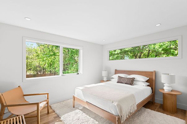 Bedroom, Interior, Recessed Lighting, Wood Texture Flooring