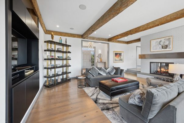 Fireplace, Interior, Living room, Recessed Lighting, Wooden Beams, Wood Texture Flooring