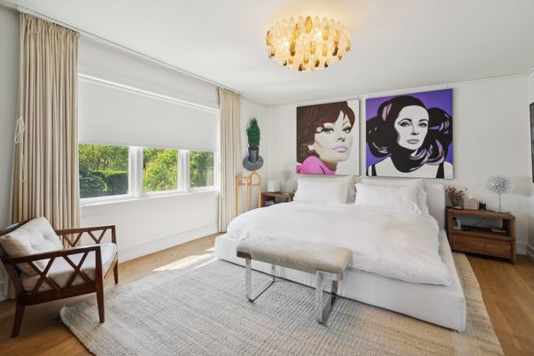Bedroom, Chandelier, Interior, Wood Texture Flooring