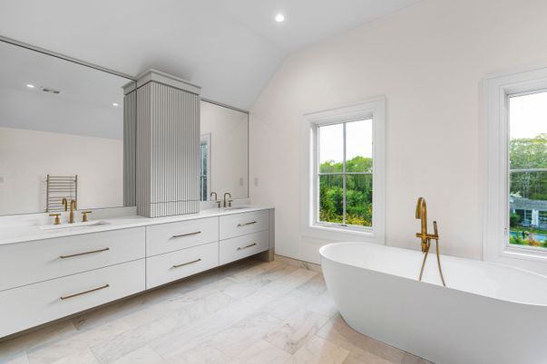 Bathroom, Dual Sink Vanities, Free Standing Baths, Interior, Marble, Recessed Lighting