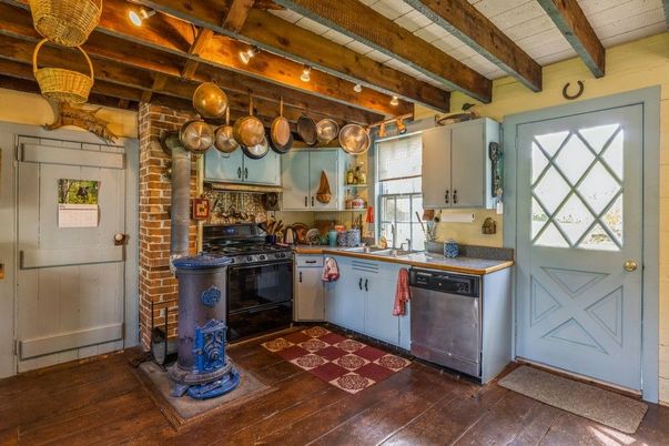 Fireplace, Interior, Kitchen, Stone Walls, Wooden Beams, Wood Texture Flooring