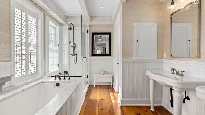Bathroom, Dual Sink Vanities, Interior, Recessed Lighting, Wood Texture Flooring