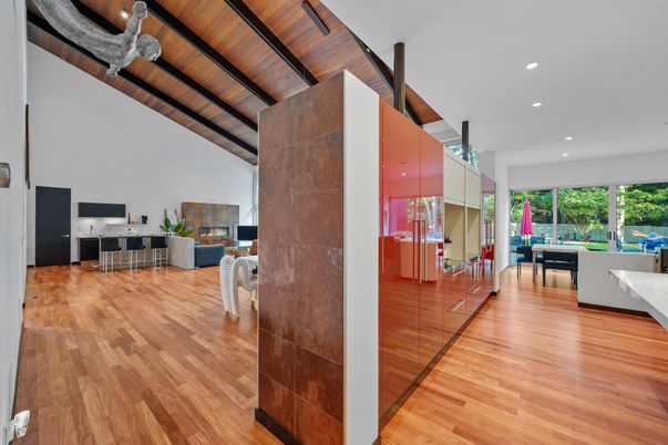 Dining room, Interior, Living room, Recessed Lighting, Wooden Ceilings, Wood Texture Flooring