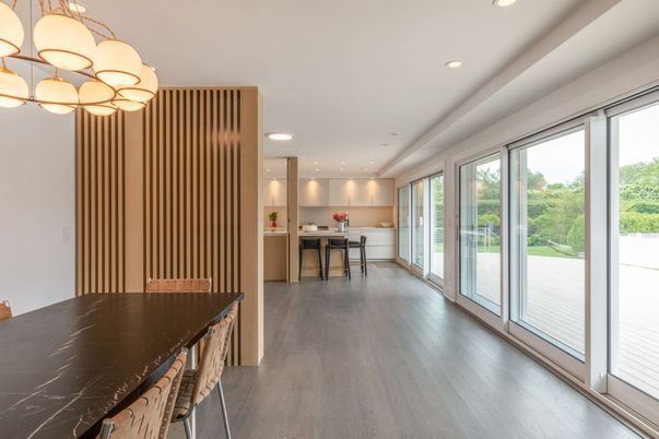 Dining room, Interior, Recessed Lighting, Wood Texture Flooring