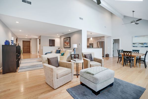 Dining room, Interior, Kitchen, Living room, Pendant Lights, Recessed Lighting, Stainless Steel Appliances, Wood Texture Flooring